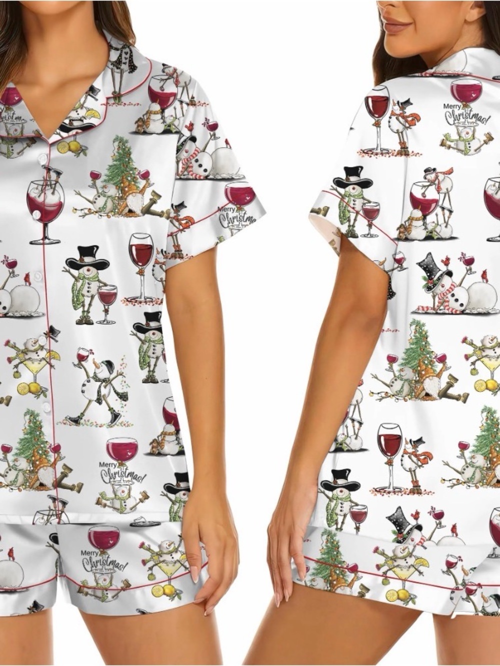 Women's White Holiday Snowman & Wine Short Pajama Set